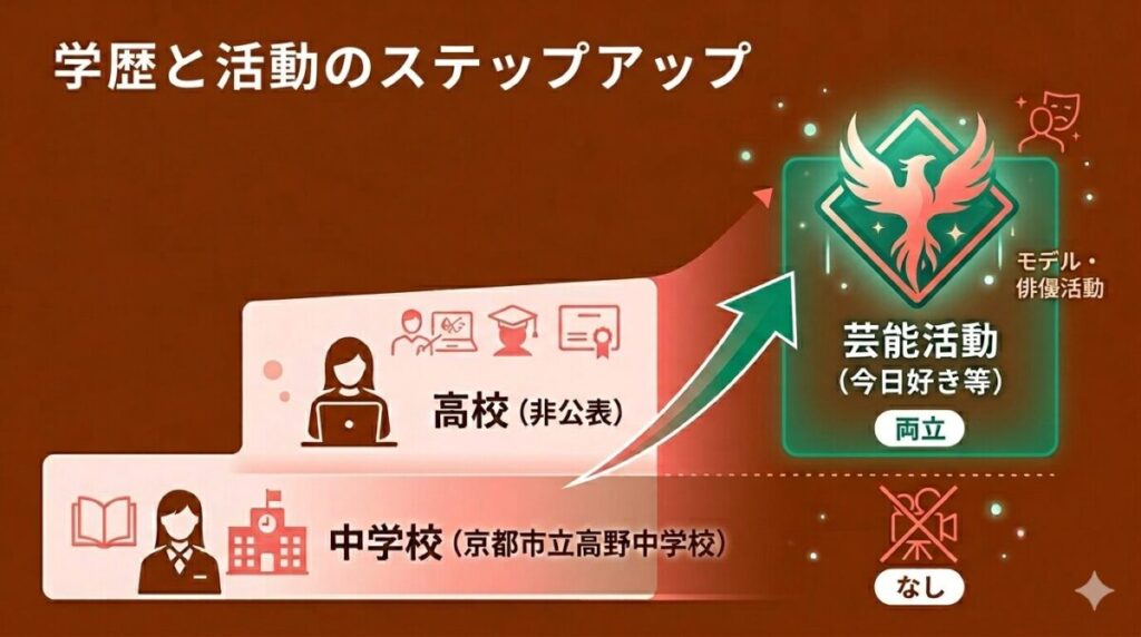 伊澤春苺の中学校(京都市立高野中学校)から現在の高校(非公表)、そして芸能活動へのステップアップを示した学歴・活動相関図