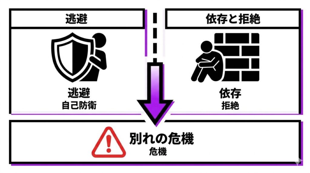 理想論で逃げる男性と拒絶する女性の心理的背景と今後の別れの可能性を考察した図解