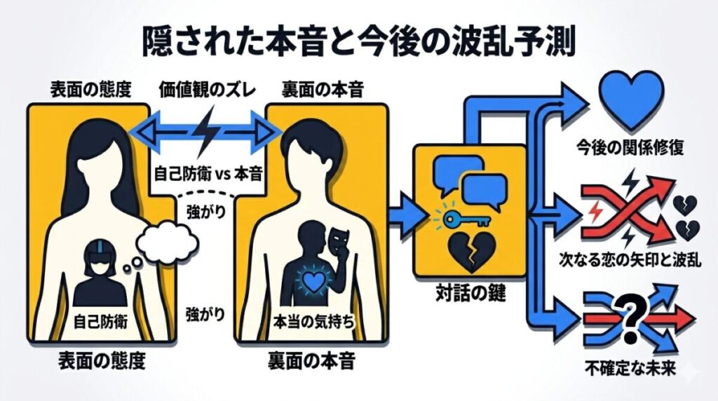 強がりや自己防衛の裏に隠された本音と、今後の関係修復や次なる恋の矢印が向かう先を予想した結論チャート