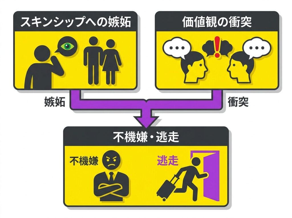 はるかへの嫉妬となっちゃんとの衝突が引き金となり、不機嫌から逃走へと至るひでおの感情の因果関係を示した図解