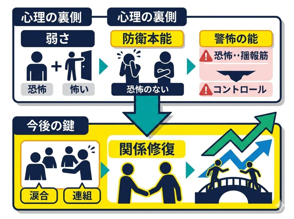 傷つくことへの恐れが不機嫌なコントロール欲求に繋がる心理構造と、今後の修復シナリオを整理した図解