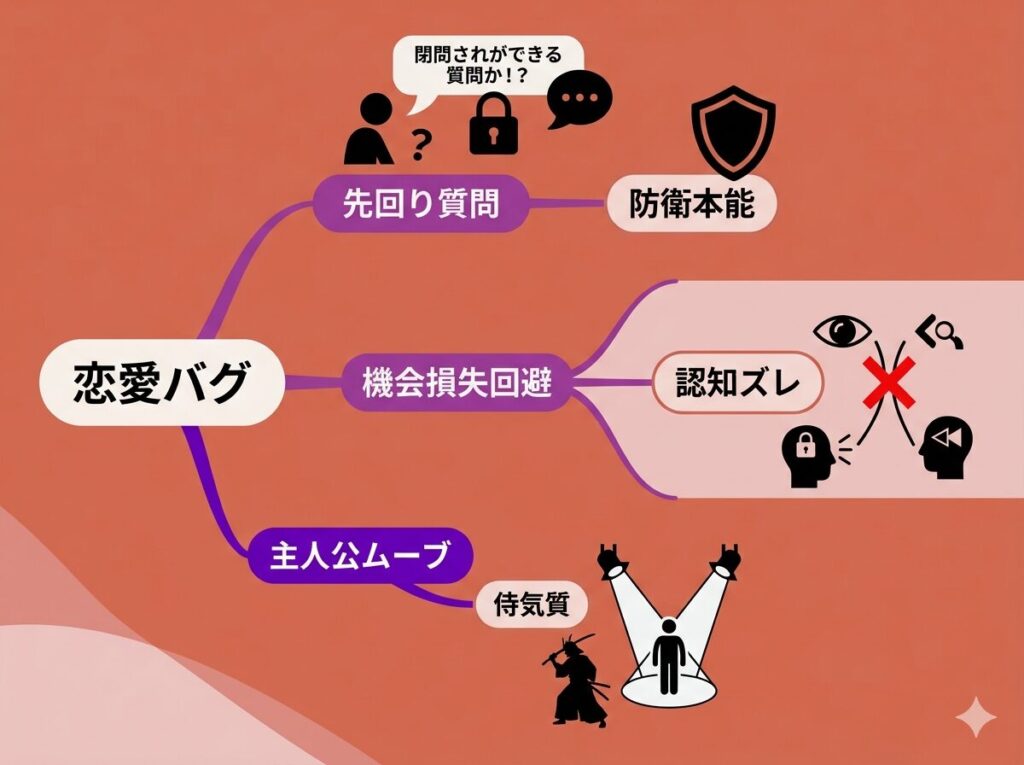 石丸伸二氏の「クローズドな質問」による防衛本能、「機会損失回避」の合理性と女性側の認知のズレ、「侍気質」による主人公ムーブという3つの恋愛バグを解説した心理分析図解