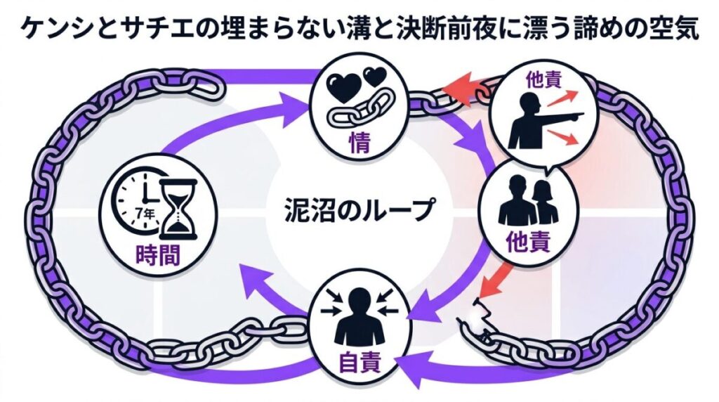 ケンシとサチエの7年間の交際がもたらすサンクコストの呪縛と、互いの他責・自責が絡み合う泥沼のループ図解