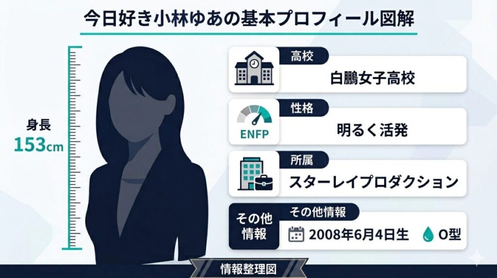 今日好きに出演する小林ゆあの身長153cmや白鵬女子高校在学などの基本プロフィールを一覧でまとめた情報整理図