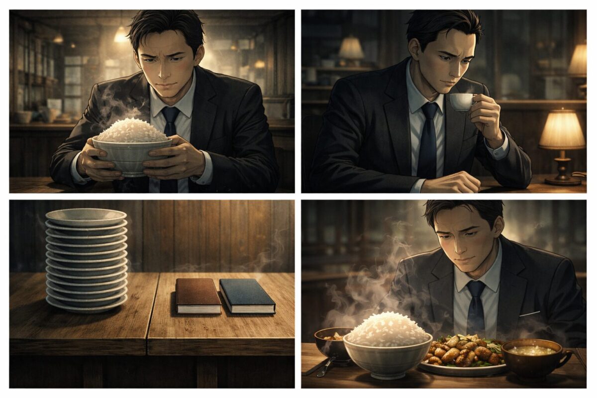 スーツ姿の男性が定食屋で豪快に食事をする様子と、ハードボイルドな雰囲気で静かに佇む対照的な姿を描いた4分割のアニメ調イラストイメージ