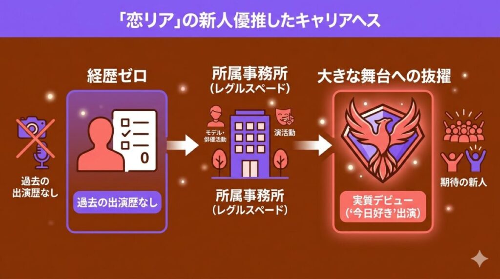 レグルスペード所属でありながら過去の出演歴がなく、今日好きが実質デビューとなる桜木琥太郎の経歴ゼロから番組出演への流れを図解した考察図