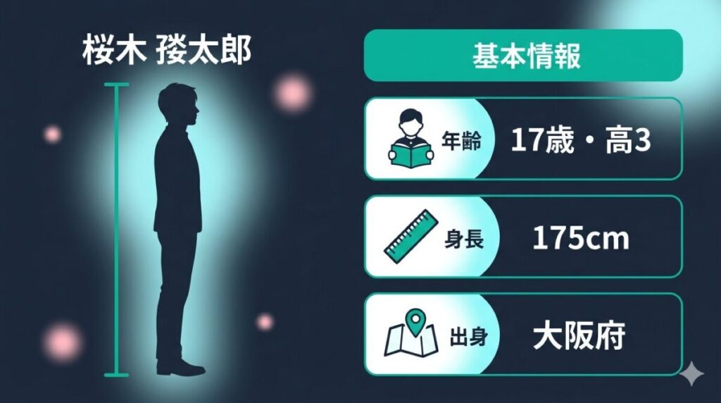今日好きに出演する桜木琥太郎の年齢、身長175cm、出身地などの基本プロフィールをまとめた情報整理図