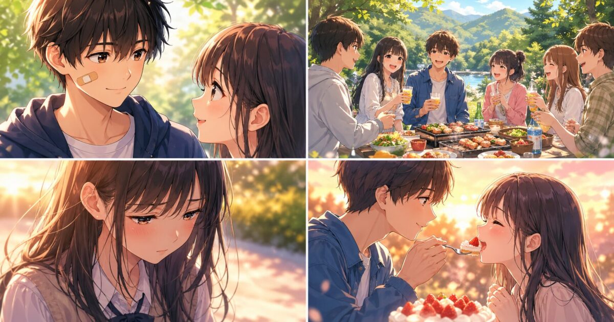 頬に絆創膏を貼った男子と笑顔の女子、自然の中でのBBQ風景、切ない表情で俯く女子、男子が女子にケーキをあーんして食べさせる甘いシーンの4分割イメージ