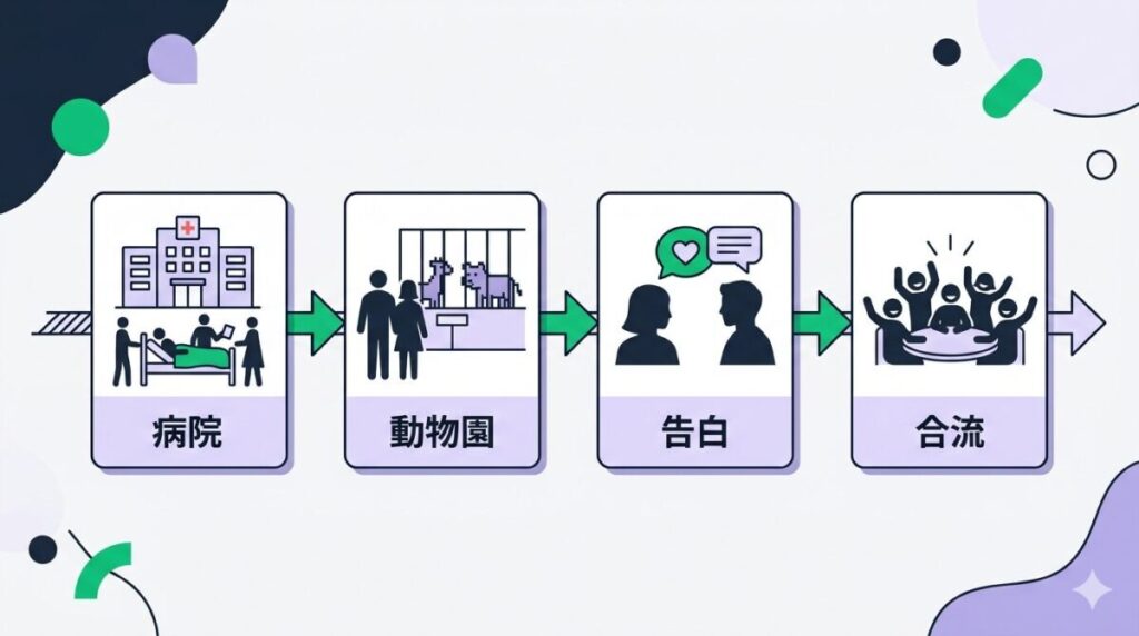 第4話の時系列と最大の見どころをまとめたタイムライン図解。かいとの病院搬送やはるめの告白など急展開の流れが分かるイメージ
