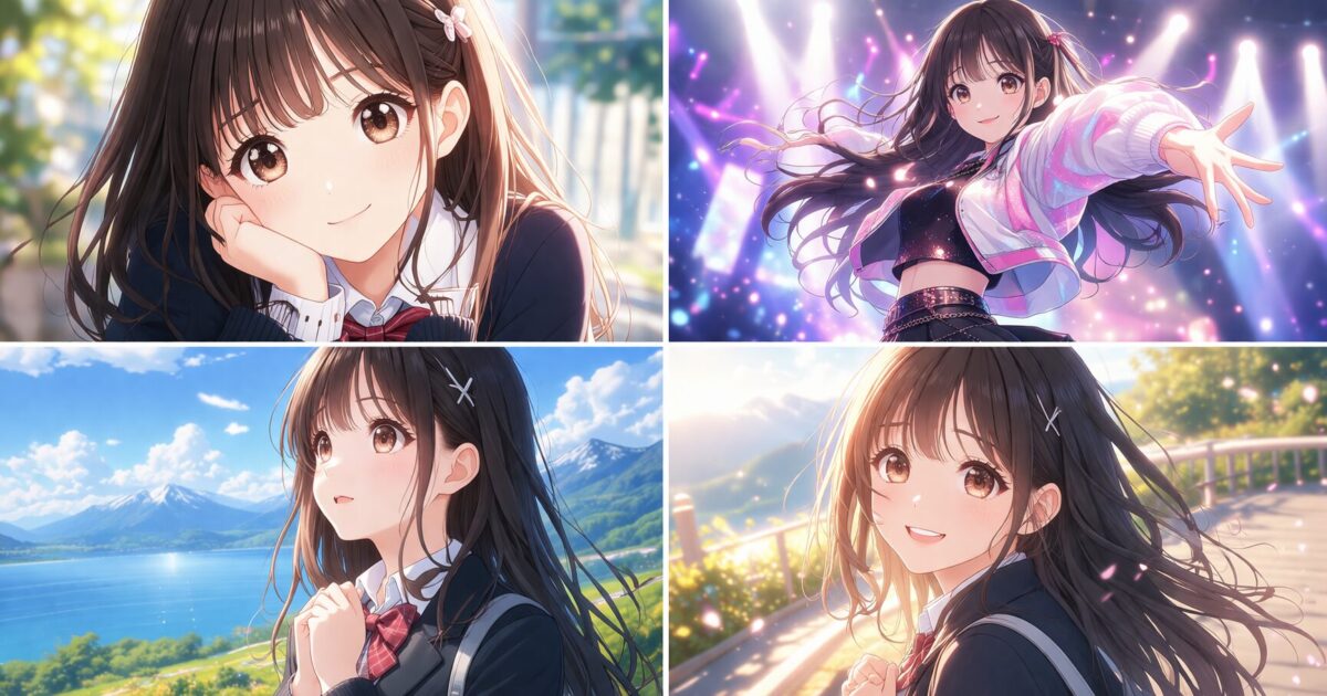 15歳の可愛らしい女子高校生がダンスを披露する姿や新しい舞台で緊張しながらも笑顔を見せるアニメイラストイメージ