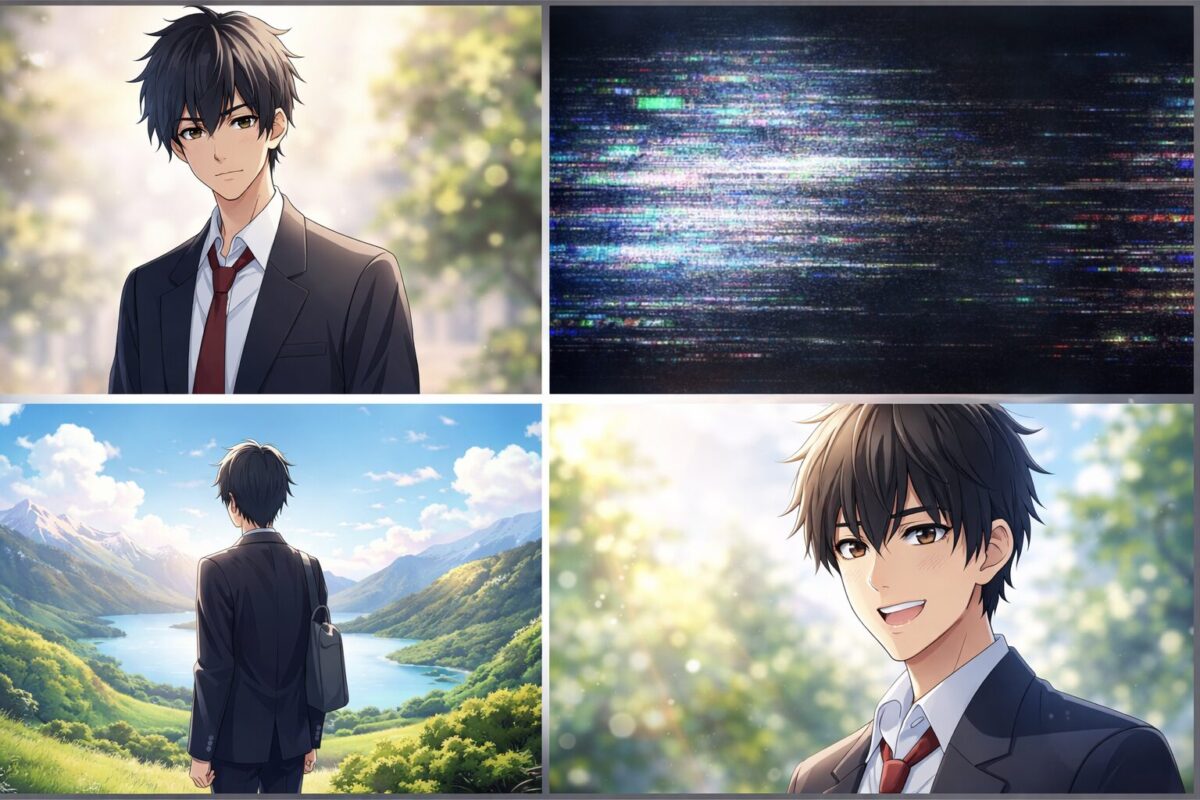 途切れた過去から大自然の広がる新しい舞台へと歩みを進め爽やかな笑顔を見せる高身長の男子高校生の4コマ風アニメイラストイメージ