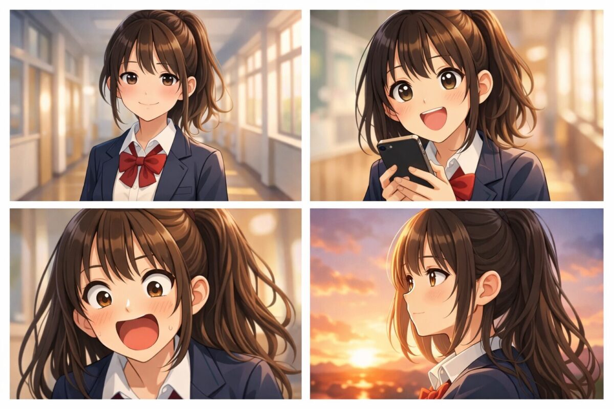 清楚な雰囲気からコミカルな表情まで様々な魅力を見せる小柄な女子高生の4コマ風アニメイラストイメージ