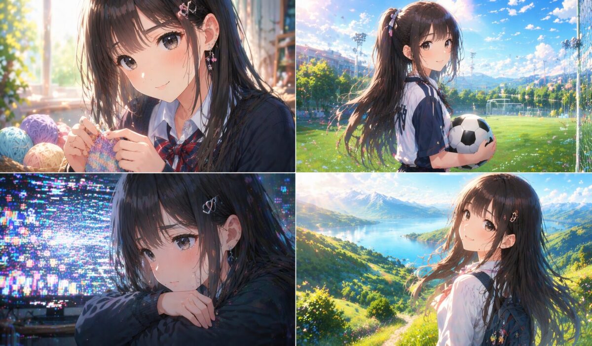 編み物やサッカーボールを持つ小柄な美少女が暗転した場面から明るい大自然へと足を踏み入れ笑顔を見せるアニメイラストイメージ