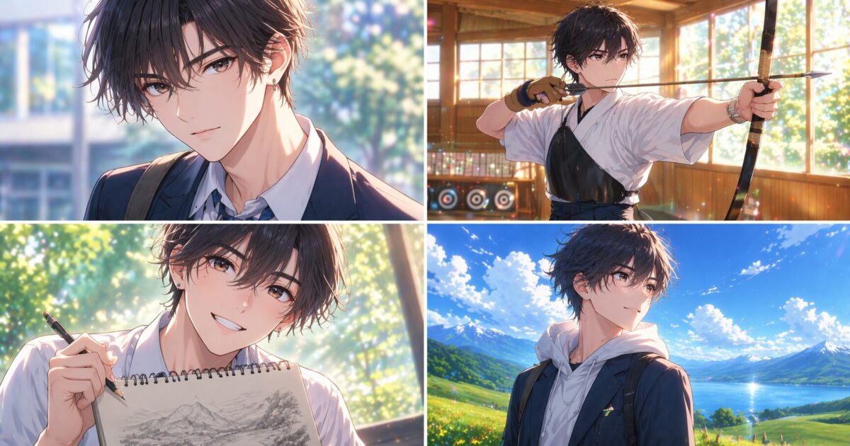 弓道着姿で弓を引く凛とした姿やスケッチブックを持ち微笑むイケメン男子高校生を描いたアニメイラストイメージ