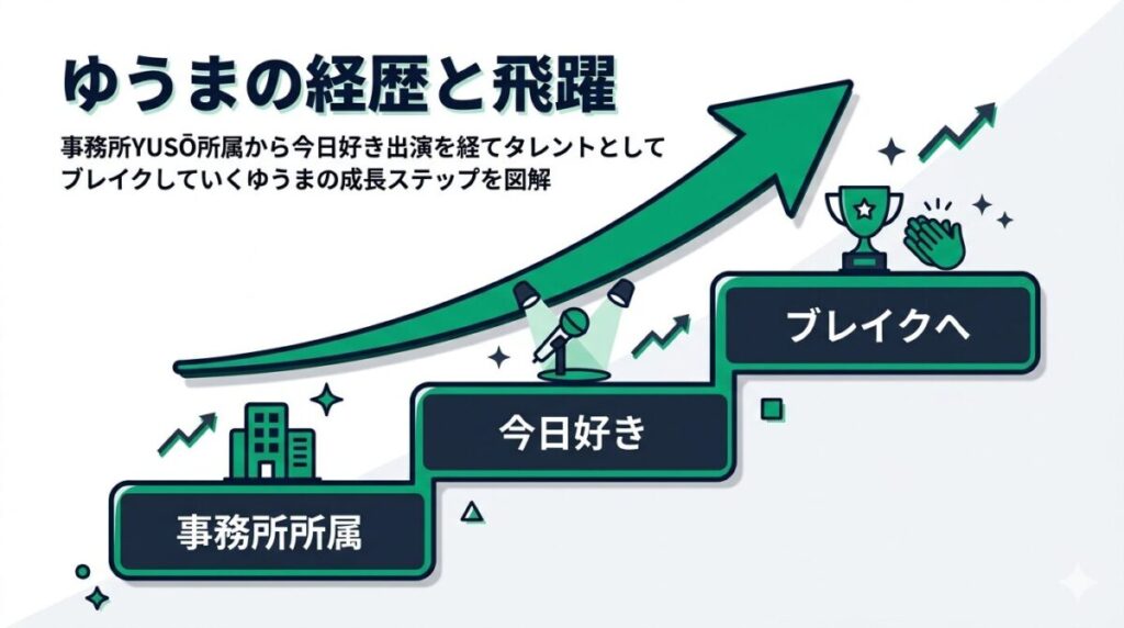 事務所YUSŌ所属から今日好き出演を経てタレントとしてブレイクしていくゆうまの成長ステップを図解