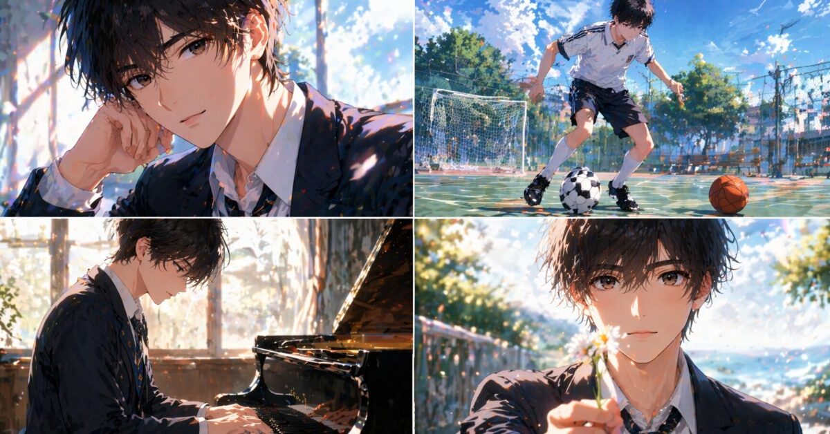 スポーツ万能でピアノも弾ける高身長で大人びた男子高校生を描いたアニメイラストイメージ