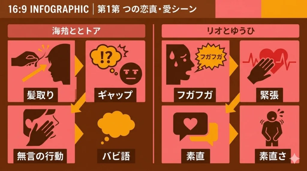 かいとととあの髪取りシーン、りおとゆうひのフガフガシーンなど、今日好きクライストチャーチ編1話で視聴者が熱狂した2大名シーンのポイントを整理した図解イメージ