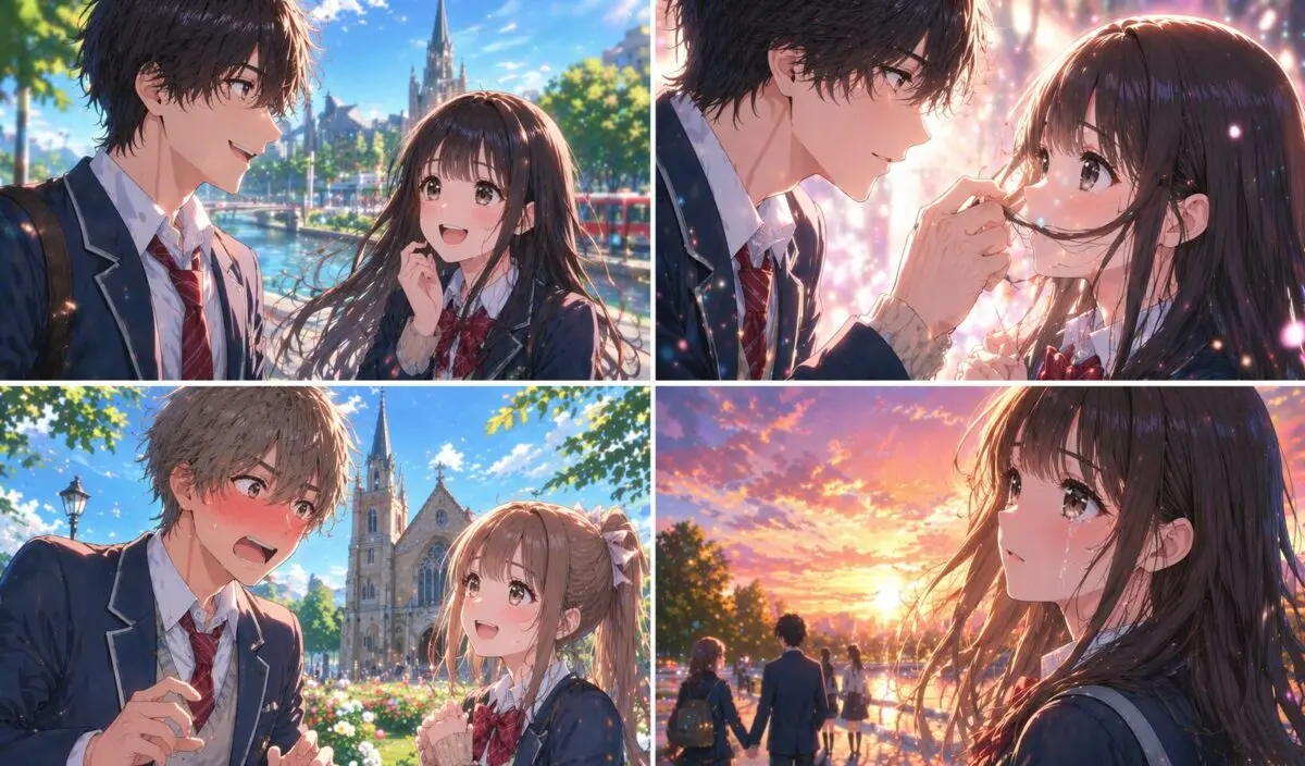 ニュージーランドを舞台に、笑顔で会話する高校生たち、髪に触れる胸キュンシーン、照れる男子、切なそうに涙を流す女子を描いた4分割のアニメ風イラストイメージ