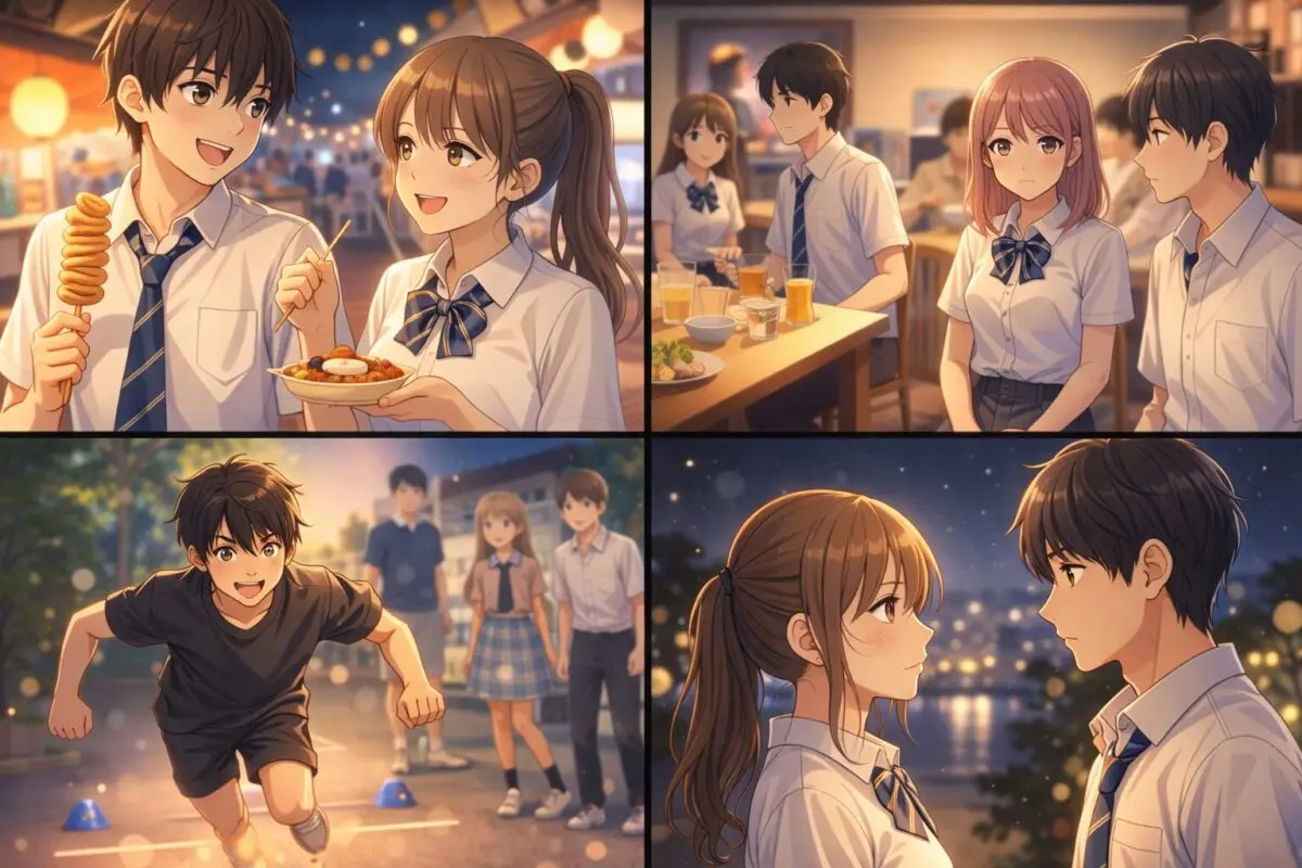 夜の屋台デートや反復横跳び対決、真剣に向き合い本音を伝える高校生たちの表情を描いた4分割イメージ