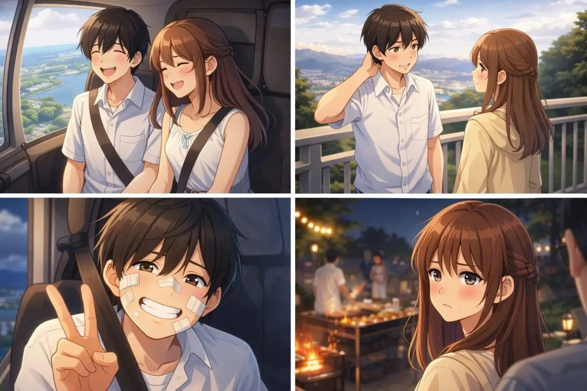 ヘリデートを楽しむ男女や、顔に絆創膏を貼った男子生徒、夜のBBQで複雑な表情を浮かべる女子生徒のイメージ