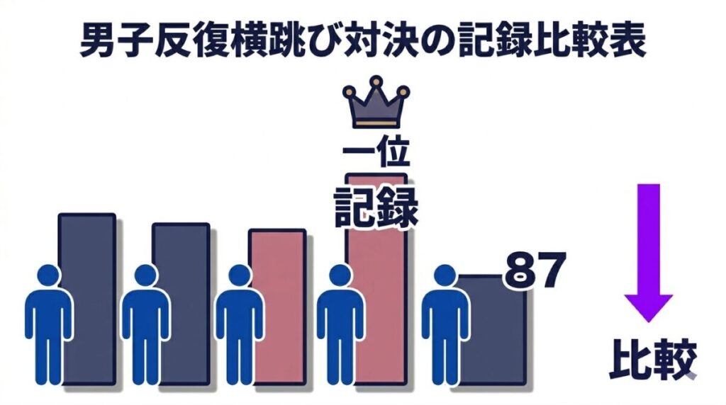 こたろうが圧倒的1位となった男子反復横跳び対決のメンバー別記録と大きな回数差を比較したグラフ図解