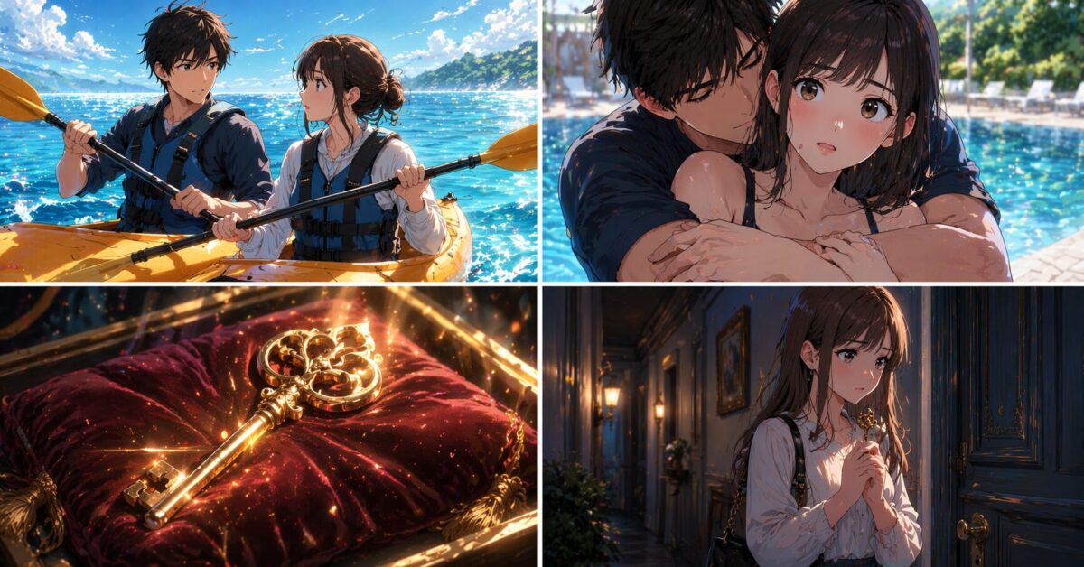 海でのカヤックデート、プールサイドでのバックハグ、輝くアンティークの鍵、閉ざされたドアの前で鍵を握りしめ迷う女性の様子を4コマで描いたイメージ