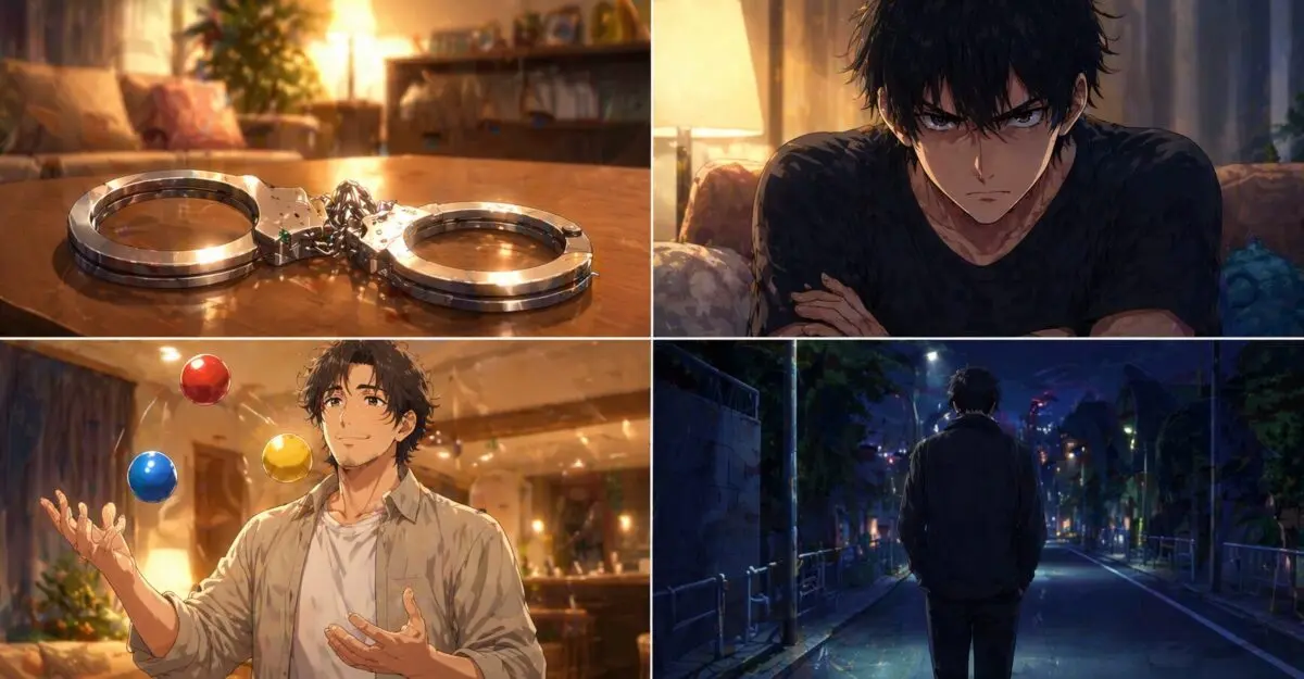 手錠が置かれた緊迫したリビング、嫉妬に駆られる男性、ジャグリングで空気を和ませる大人の男性、そして夜の街へ去っていく後ろ姿を描いた4コマ風のイラストイメージ