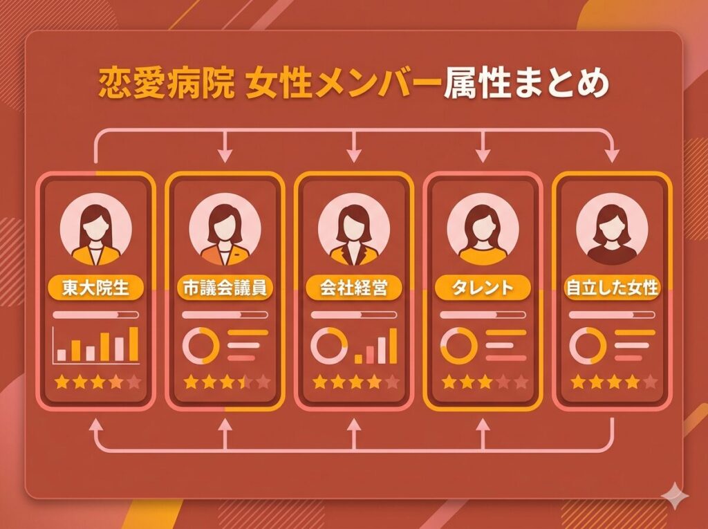 恋愛病院に参加する女性メンバー5名（東大院生、元議員、経営者など）の高スペックな肩書きを比較整理した一覧図解