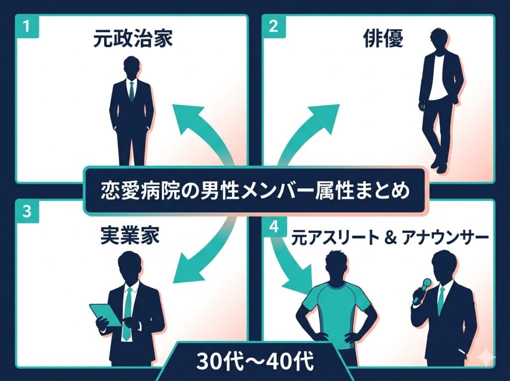 恋愛病院に参加する男性メンバー5名（元政治家、俳優、実業家など）の異色な肩書きと年齢層を整理した属性図解