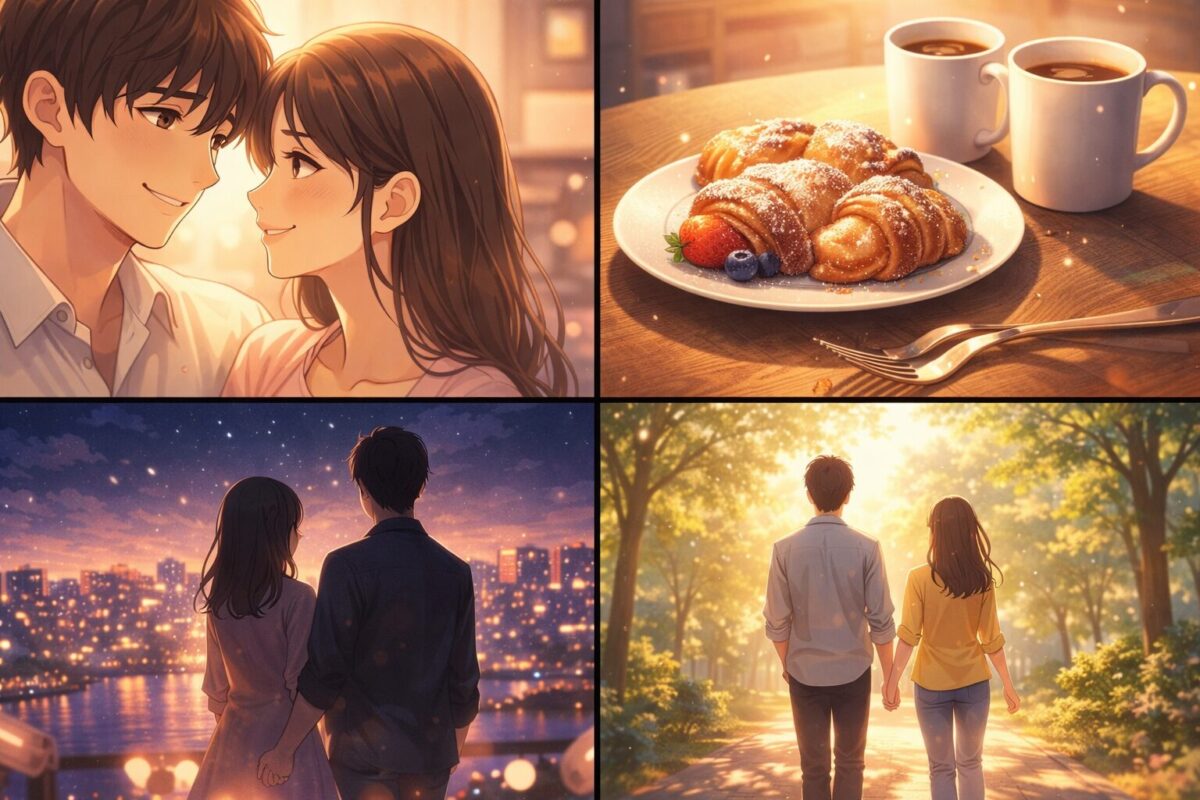 微笑み合うカップルや夜景のシルエット、手作りのお菓子などを描いた恋愛の結末を思わせる4コマ風イメージ
