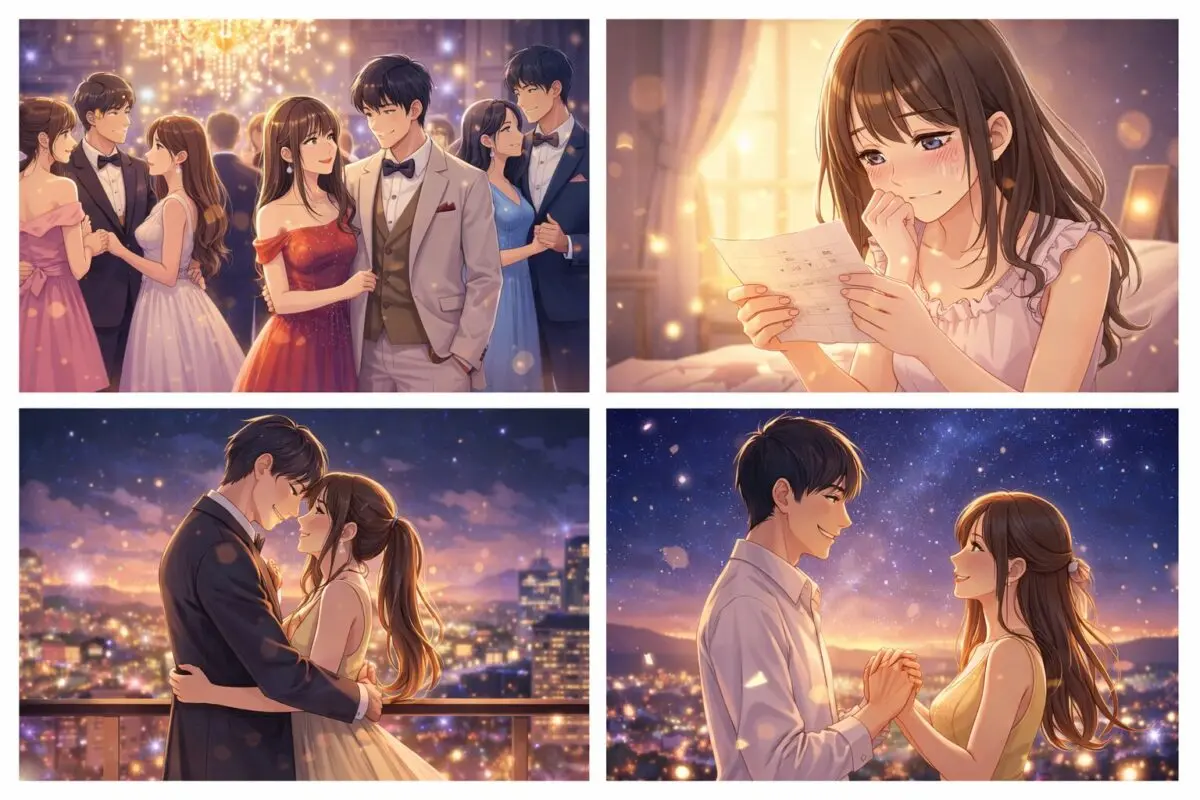 華やかなパーティー会場や夜景の見える屋上で微笑み合うカップル、手紙を読んで涙ぐむ女性の4コマ風イラストイメージ