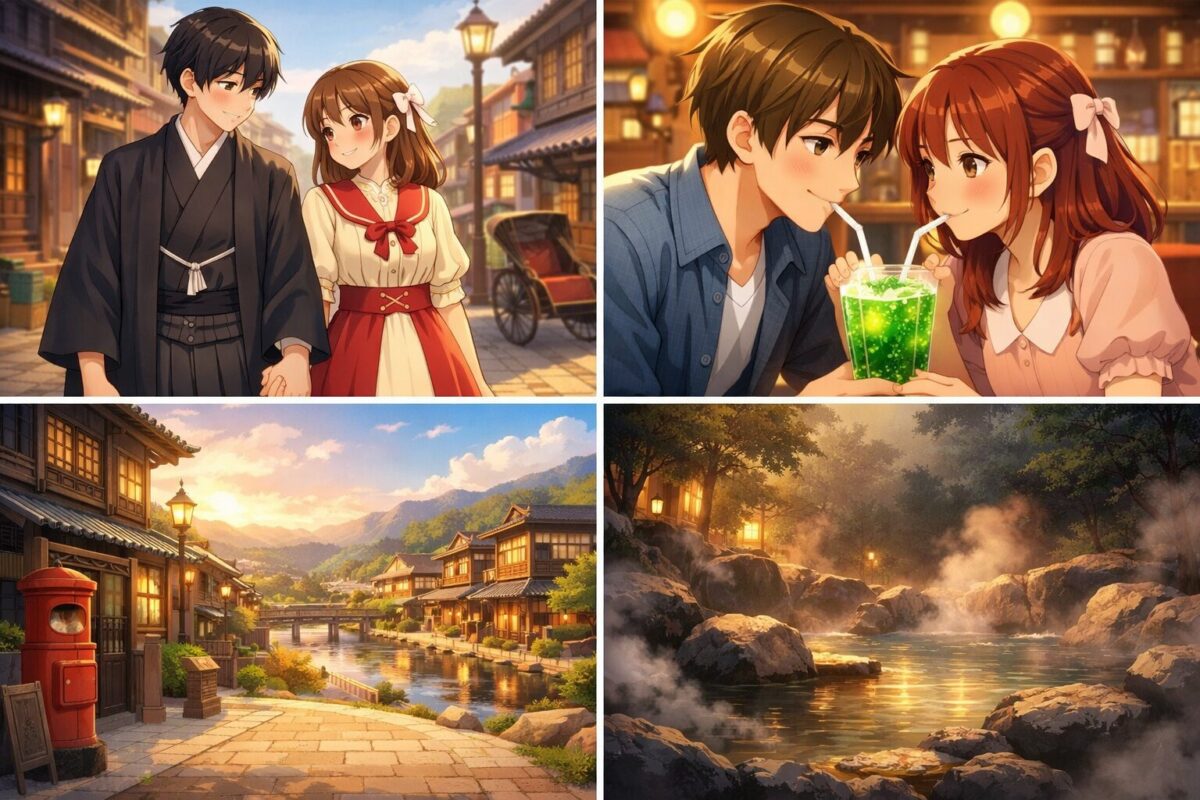 大正時代のレトロな街並みで手を繋ぐ男女や、喫茶店でメロンソーダを共有する様子、波乱を予感させる温泉の風景を描いたイメージ