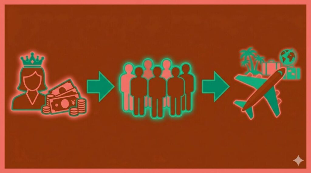 クイーンとなったまりやが賞金500万円を独り占めせずメンバー全員での旅行資金にするまでの流れを整理した時系列フロー図