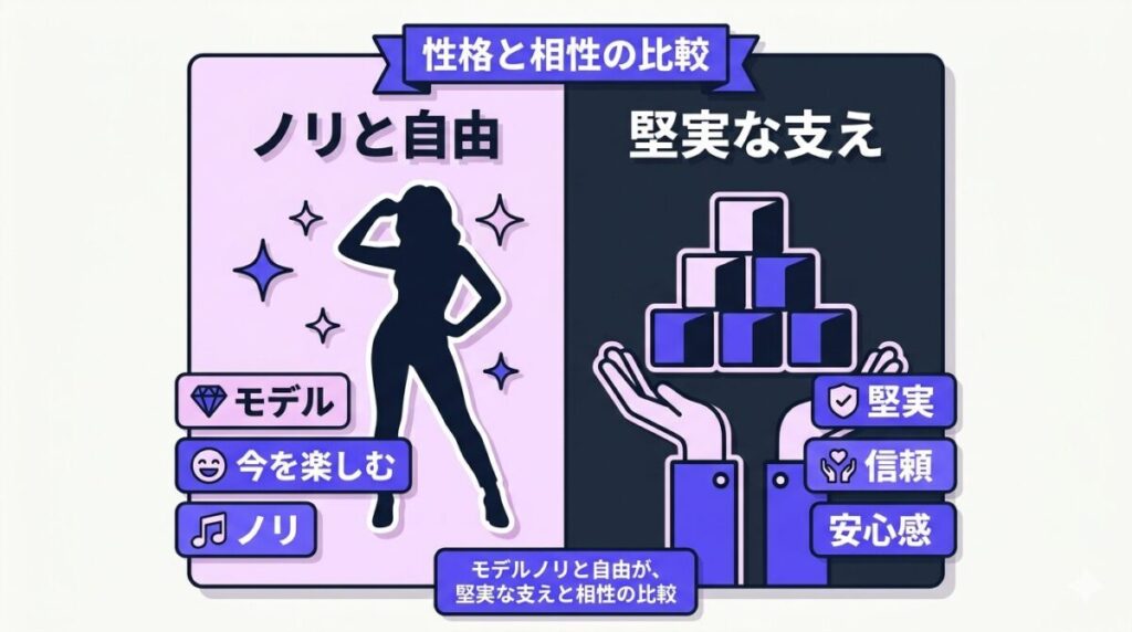 徳本夏恵さんのESFPとしての明るい性格と、それを支える相性の良い堅実なタイプを対比させた比較図解