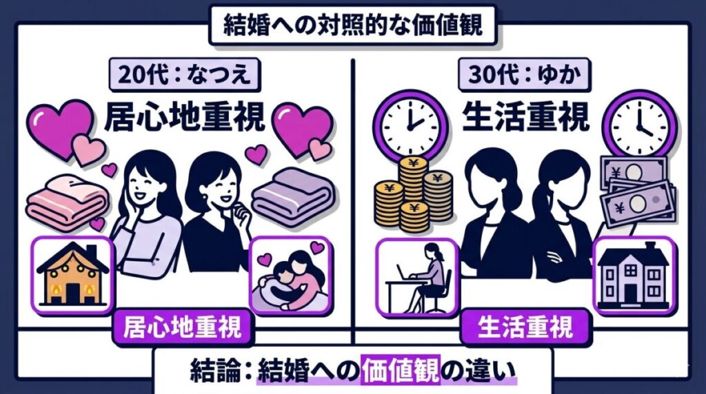 なつえの「居心地」重視とゆかの「生活リズム」重視という対照的な決断基準を比較した図解