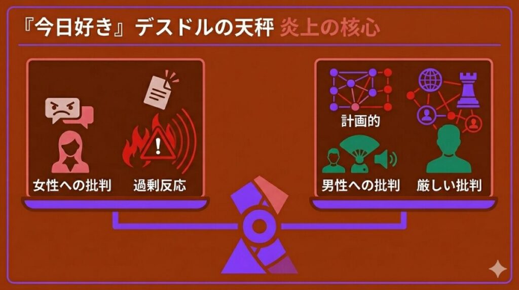 れな側への批判と告発した男性側への批判を対比させたネットの賛否両論まとめ図解