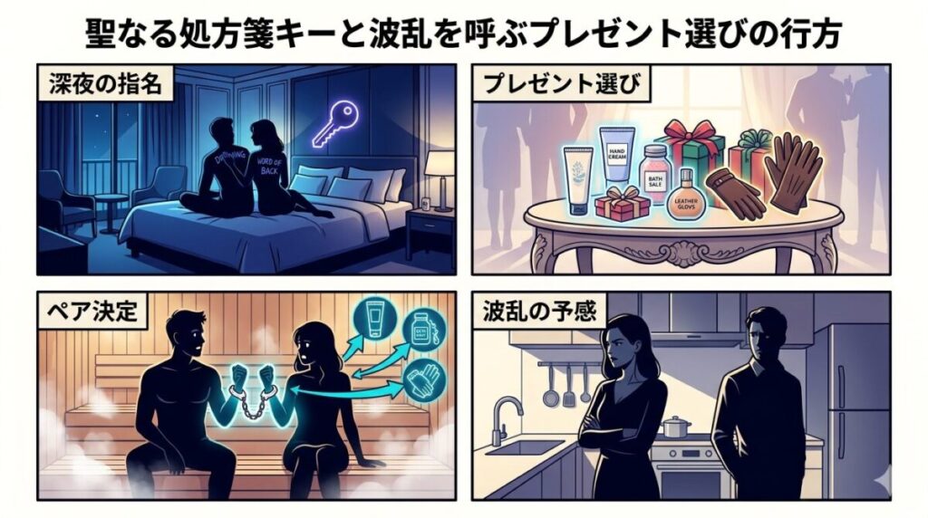 あさが特効薬でまさかつを指名し、翌日のプレゼント選びでデート相手が決定するまでの波乱の展開を整理した図解