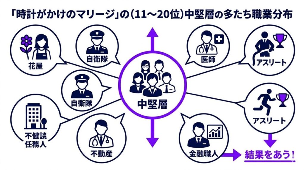 時計じかけのマリッジ年収ランキング11位から20位の中堅メンバーの多彩な職業分布を図解したイメージ