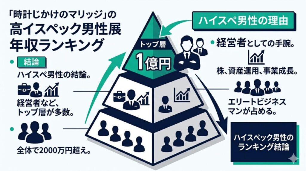 時計じかけのマリッジに出演するハイスペック男性の年収ランキングトップ10をピラミッド型で整理したイメージ