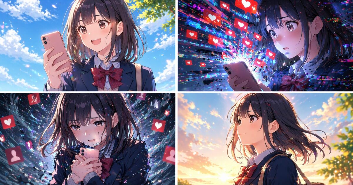 笑顔の女子高生がスマートフォンのノイズや赤い通知アイコンに囲まれ不安な表情へ変わり、最後に日差しの中で前を向く4コマ風のアニメイラストイメージ