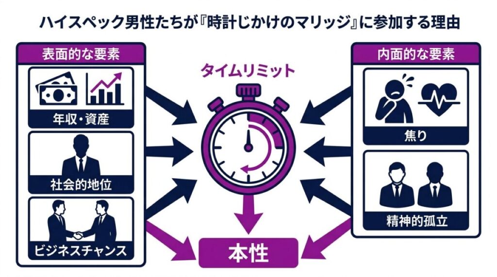 完璧なハイスペック男性たちが時計じかけのマリッジに参加する理由や抱える焦りの構図を図解したイメージ