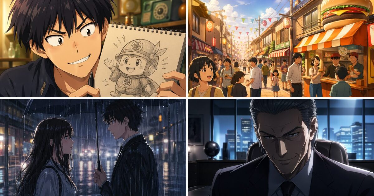 活気を取り戻したレトロな商店街と、雨の中で交差する不穏な人間模様、意味深な視線を向ける黒幕の影を描いた4コマ風イラストイメージ。