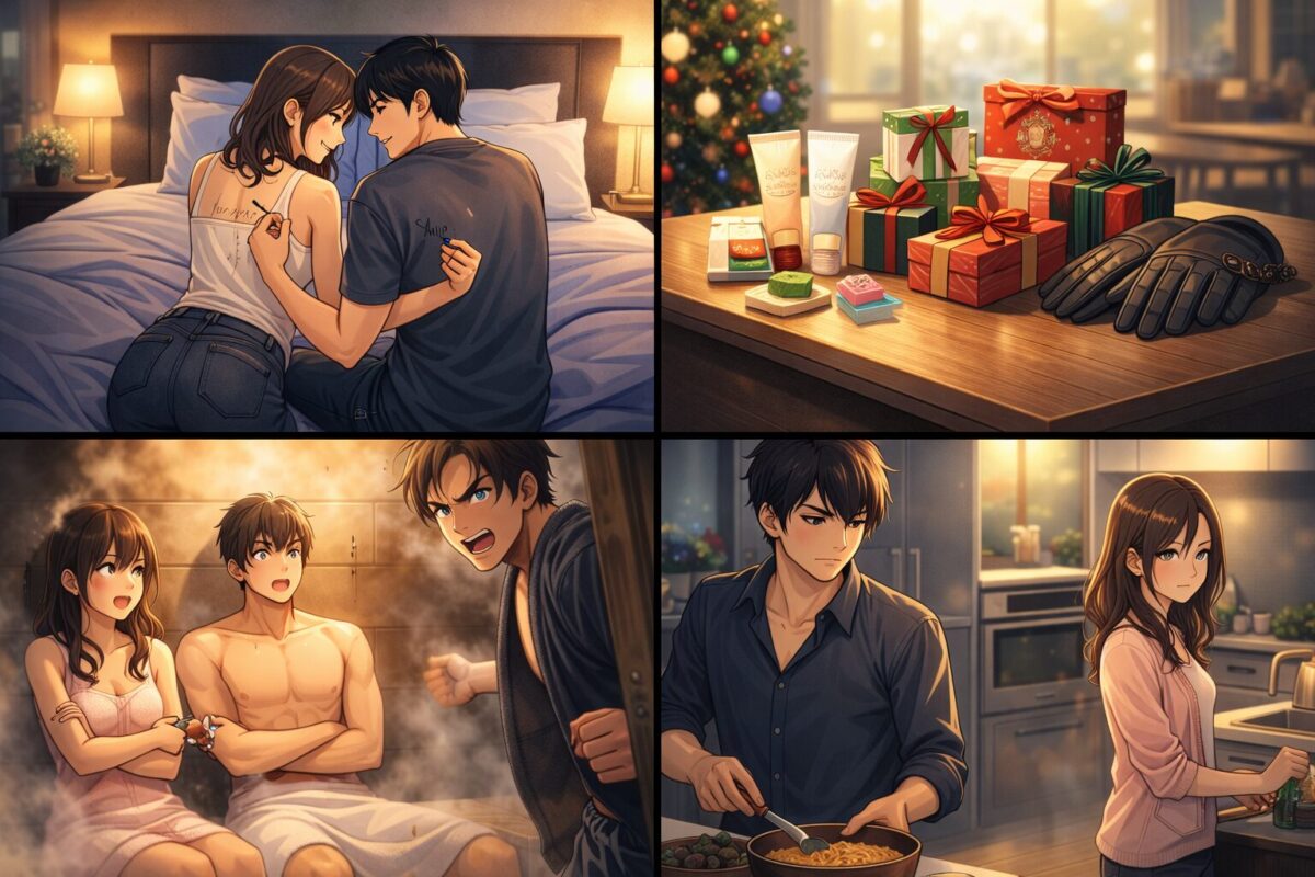 ベッドでの密会、並べられたクリスマスプレゼント、サウナで手錠に繋がれた男女への乱入、キッチンで険悪にすれ違う男女のイメージ