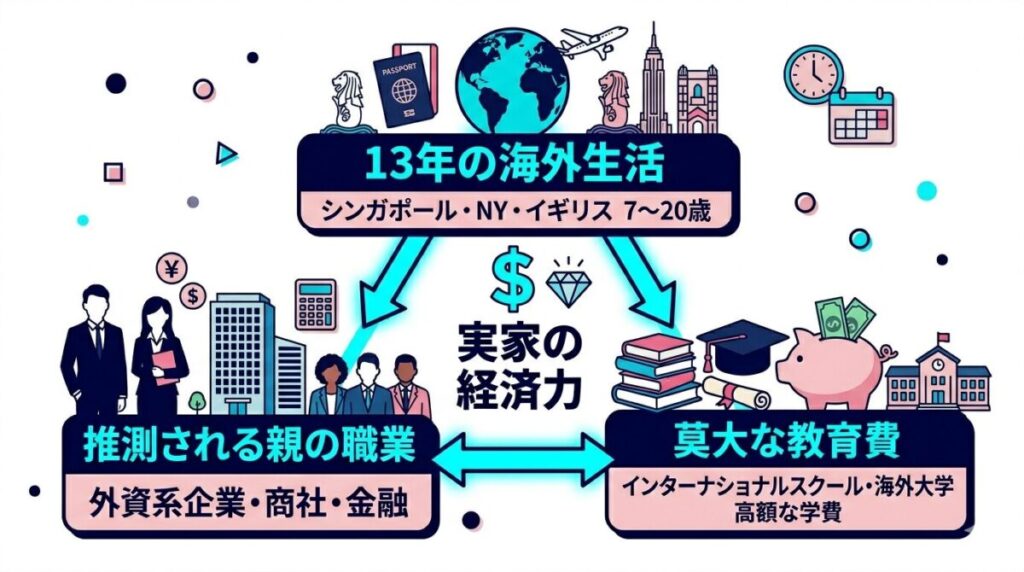 シンガポールやNYなど13年間の海外滞在歴から推測される、父親のエリート職業と裕福な実家の経済力を示す相関関係図