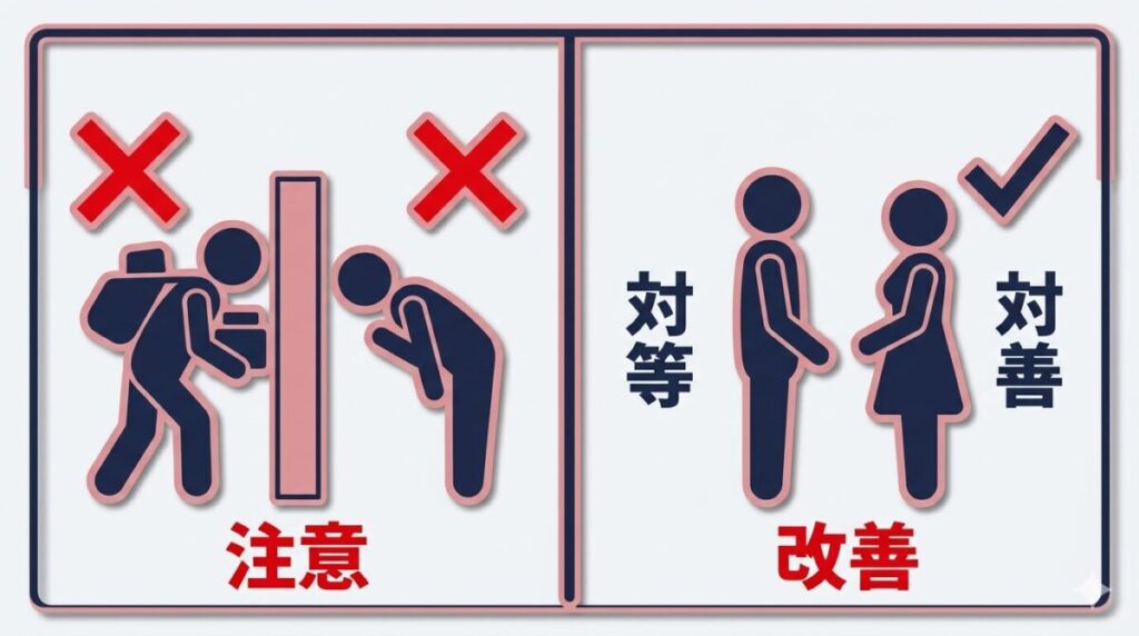 恋愛において下手に出て気を遣いすぎるNGアプローチと対等な関係を築くOKな改善策を比較した心理図解