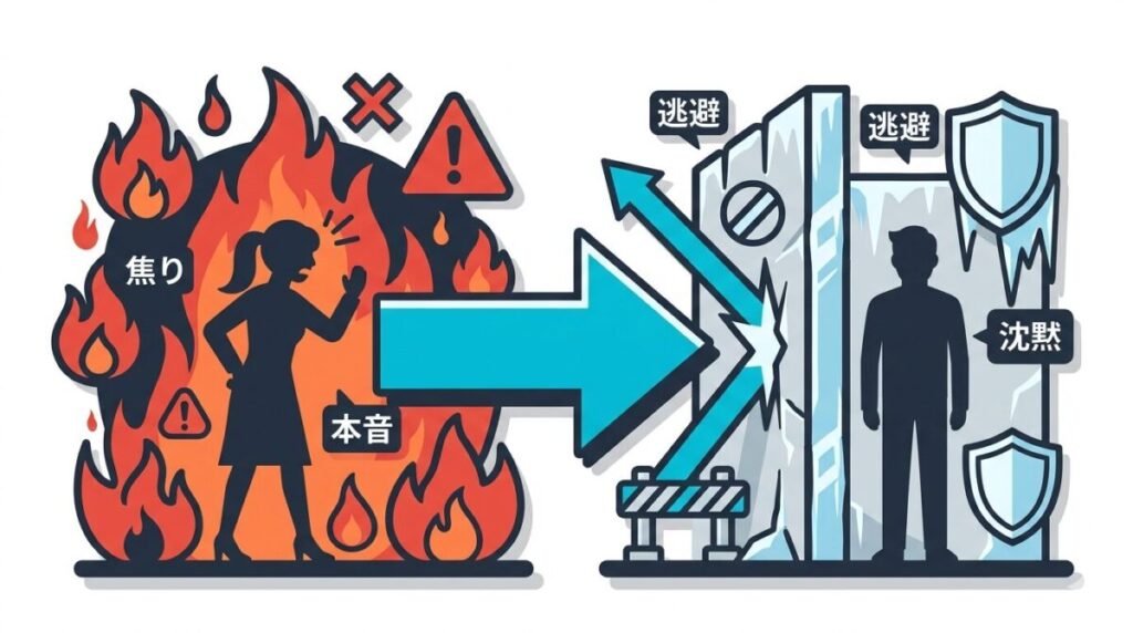 さよならプロポーズ第8話におけるルナの切実な訴えとユウキのフリーズ状態を対比させた図解。年齢と出産に対する焦りと自由を求める逃避の構図を示すイメージ