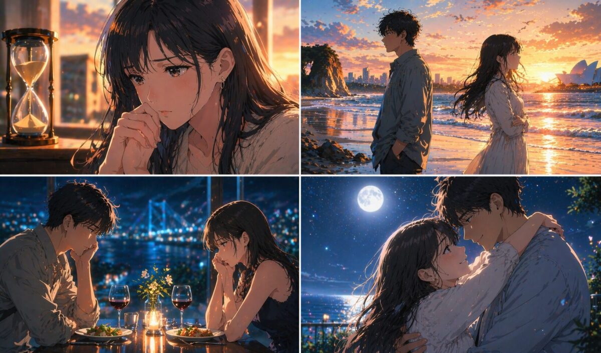 オーストラリアの海辺を背景に結婚への焦りや葛藤を抱えるカップルと、不意のハグで歩み寄る男女の希望を描いた4コマ風イメージ