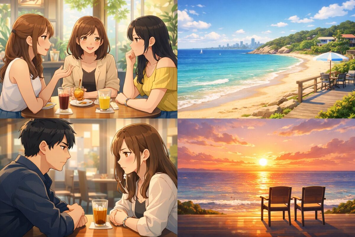 オーストラリアのカフェで語り合う女性たちや、海辺のレストランで真剣に向き合う男女の姿を描いたイメージ