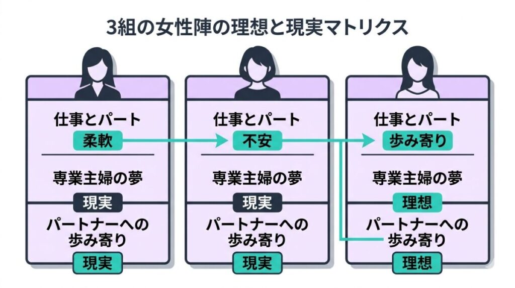 さよならプロポーズ第7話の女子会で語られた女性陣3名の現状と理想の家庭像を比較整理したマトリクス図のイメージ