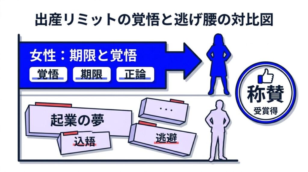 出産リミットを見据えるルナの覚悟と、起業を理由に逃げ腰になるユウキの現状、そして視聴者の圧倒的称賛をまとめた構造図のイメージ